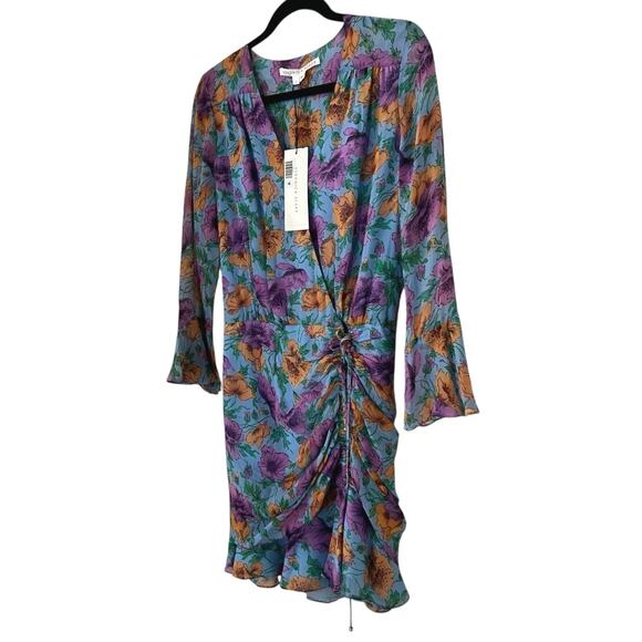 Veronica Beard Silk Sean Ruched Floral Mini Dress In Lake Blue Multi Size 0 - Picture 4 of 16